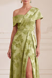 Green A-Line Asymmetrical One Shoulder Printed Maxi Mother of the Bride Dress with Side Slit