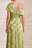 Green A-Line Asymmetrical One Shoulder Printed Maxi Mother of the Bride Dress with Side Slit