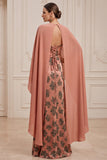 Orange Sheath Boat Neck Printed Satin Long Mother of the Bride Dress with Cape