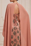 Orange Sheath Boat Neck Printed Satin Long Mother of the Bride Dress with Cape