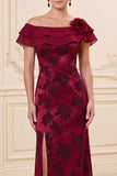 Burgundy Sheath Off the Shoulder 3D Flower Jacquard Long Mother of the Bride Dress with Slit