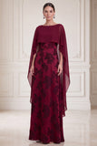 Burgundy Sheath Boat Neck Printed Maxi Mother of the Bride Dress with Cape