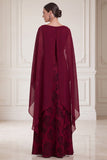 Burgundy Sheath Boat Neck Printed Maxi Mother of the Bride Dress with Cape