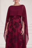 Burgundy Sheath Boat Neck Printed Maxi Mother of the Bride Dress with Cape