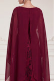 Burgundy Sheath Boat Neck Printed Maxi Mother of the Bride Dress with Cape