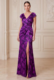 Dark Purple Sheath V-Neck Satin Jacquard Maxi Mother of the Bride Dress with Side Slit