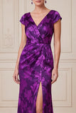 Dark Purple Sheath V-Neck Satin Jacquard Maxi Mother of the Bride Dress with Side Slit