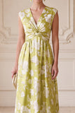 Green A-Line V-Neck Printed Ruched Long Mother of the Bride Dress