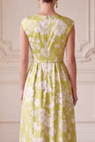 Green A-Line V-Neck Printed Ruched Long Mother of the Bride Dress