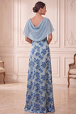 Grey Blue Sheath Boat Neck Printed Ruched Long Mother of the Bride Dress with Cape