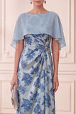 Grey Blue Sheath Boat Neck Printed Ruched Long Mother of the Bride Dress with Cape