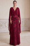 Burgundy Sheath V-Neck Jacquard Long Mother of the Bride Dress with Cape