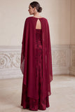 Burgundy Sheath V-Neck Jacquard Long Mother of the Bride Dress with Cape