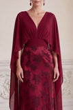 Burgundy Sheath V-Neck Jacquard Long Mother of the Bride Dress with Cape