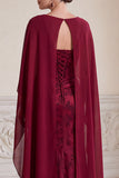Burgundy Sheath V-Neck Jacquard Long Mother of the Bride Dress with Cape