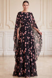Black Pink Flower A-Line Chiffon Bateau Neck Printed Maxi Mother of the Bride Dress with Cape