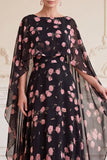 Black Pink Flower A-Line Chiffon Bateau Neck Printed Maxi Mother of the Bride Dress with Cape