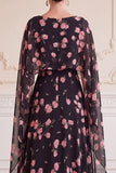 Black Pink Flower A-Line Chiffon Bateau Neck Printed Maxi Mother of the Bride Dress with Cape