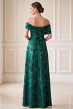 Dark Green A-Line Off the Shoulder Jacquard Asymmetrical Maxi Mother of the Bride Dress