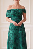 Dark Green A-Line Off the Shoulder Jacquard Asymmetrical Maxi Mother of the Bride Dress