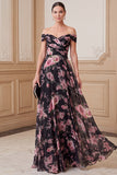 Black Pink A-Line Off the Shoulder Printed Chiffon Maxi Mother of the Bride Dress