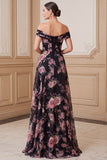 Black Pink A-Line Off the Shoulder Printed Chiffon Maxi Mother of the Bride Dress