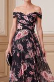 Black Pink A-Line Off the Shoulder Printed Chiffon Maxi Mother of the Bride Dress