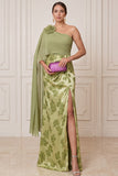 Green Sheath One Shoulder Chiffon Cape Draped Printed Maxi Mother of the Bride Dress with 3D Flower