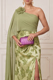 Green Sheath One Shoulder Chiffon Cape Draped Printed Maxi Mother of the Bride Dress with 3D Flower