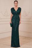 Dark Green Sheath V-Neck Sequins Long Mother of the Bride Dress
