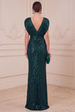 Dark Green Sheath V-Neck Sequins Long Mother of the Bride Dress