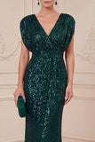 Dark Green Sheath V-Neck Sequins Long Mother of the Bride Dress