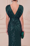 Dark Green Sheath V-Neck Sequins Long Mother of the Bride Dress