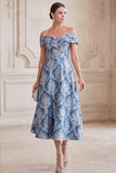 Grey Blue A-Line Off the Shoulder Jacquard Midi Mother of the Bride Dress