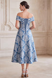 Grey Blue A-Line Off the Shoulder Jacquard Midi Mother of the Bride Dress