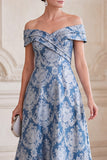 Grey Blue A-Line Off the Shoulder Jacquard Midi Mother of the Bride Dress