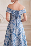 Grey Blue A-Line Off the Shoulder Jacquard Midi Mother of the Bride Dress