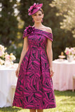 Fuchsia Asymmetrical Off the Shoulder Printed A-Line Ruched Midi Mother of the Bride Dress