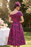Fuchsia Asymmetrical Off the Shoulder Printed A-Line Ruched Midi Mother of the Bride Dress