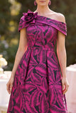 Fuchsia Asymmetrical Off the Shoulder Printed A-Line Ruched Midi Mother of the Bride Dress
