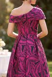 Fuchsia Asymmetrical Off the Shoulder Printed A-Line Ruched Midi Mother of the Bride Dress