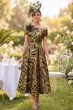 Fuchsia Asymmetrical Off the Shoulder Printed A-Line Ruched Midi Mother of the Bride Dress