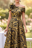 Fuchsia Asymmetrical Off the Shoulder Printed A-Line Ruched Midi Mother of the Bride Dress