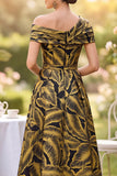 Fuchsia Asymmetrical Off the Shoulder Printed A-Line Ruched Midi Mother of the Bride Dress