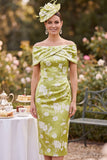 Green Off the Shoulder Satin Sheath Printed Midi Mother of the Bride Dress with Slit