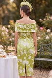 Green Off the Shoulder Satin Sheath Printed Midi Mother of the Bride Dress with Slit