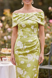 Green Off the Shoulder Satin Sheath Printed Midi Mother of the Bride Dress with Slit