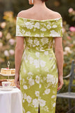 Green Off the Shoulder Satin Sheath Printed Midi Mother of the Bride Dress with Slit