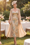 Champagne Sequins Embroidery Midi Mother of the Bride Dress with Chiffon Cover‑Up