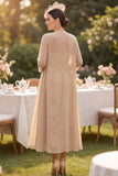 Champagne Sequins Embroidery Midi Mother of the Bride Dress with Chiffon Cover‑Up